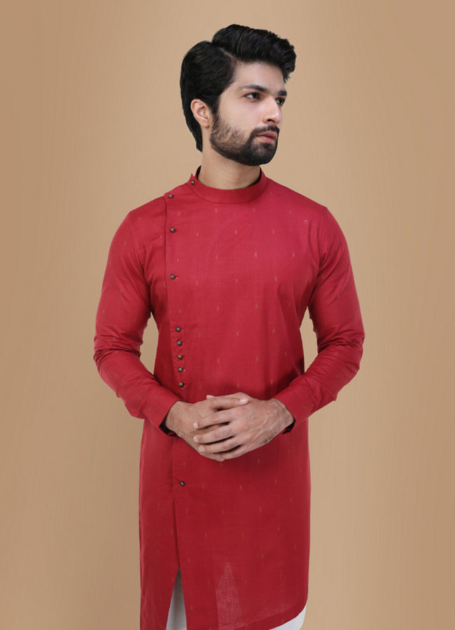 alt message - Manyavar Men Achkan Style Maroon Kurta image number 0